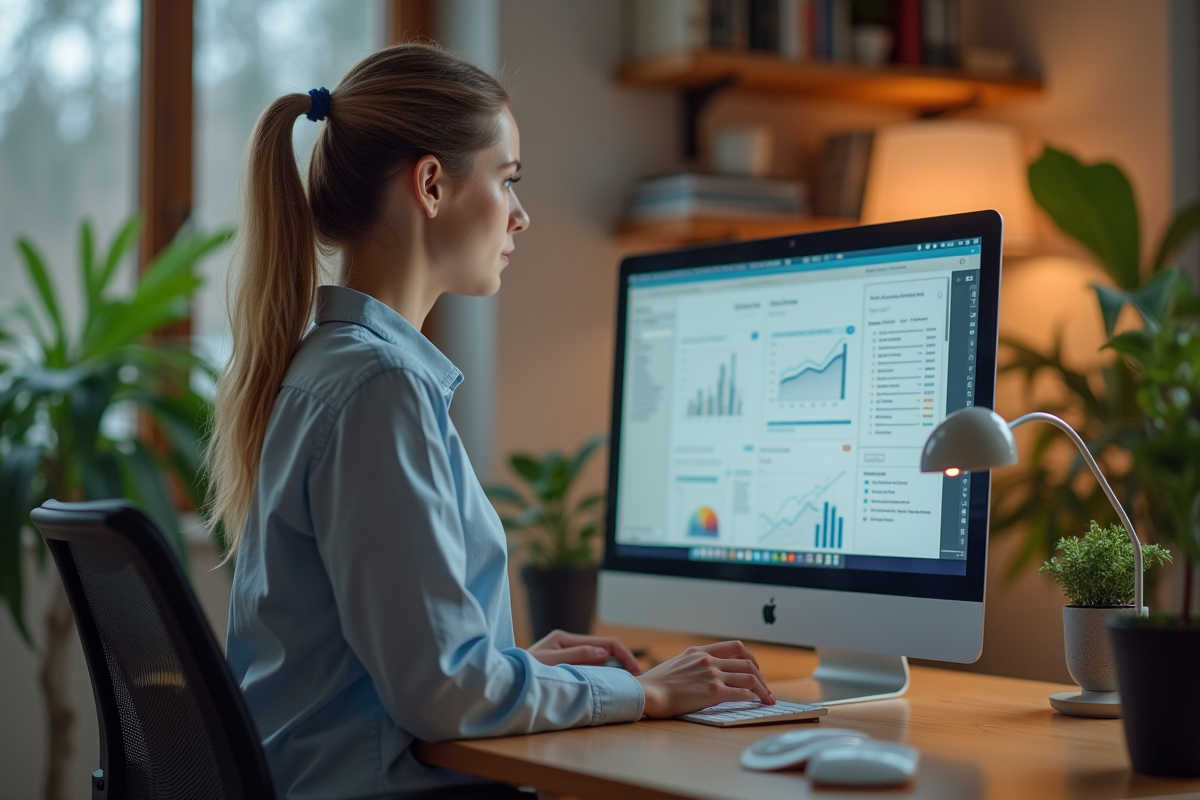 Jeune femme professionnelle analysant des données sur son ordinateur
