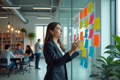 Femme professionnelle arrangeant des notes colorées sur une vitre