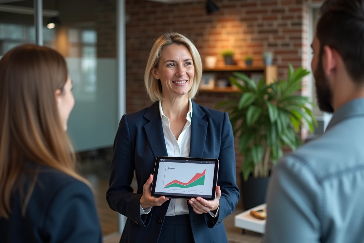 Femme présentant un graphique de croissance à ses collègues