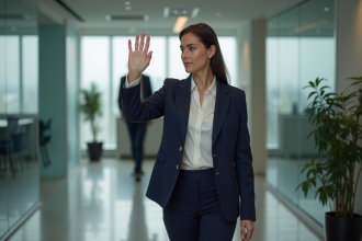 Femme professionnelle en blazer navy dans un bureau moderne