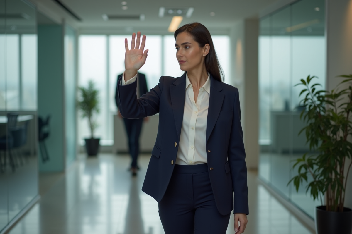 Femme professionnelle en blazer navy dans un bureau moderne