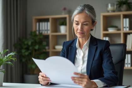 Femme d'affaires en revue un courrier dans un bureau moderne