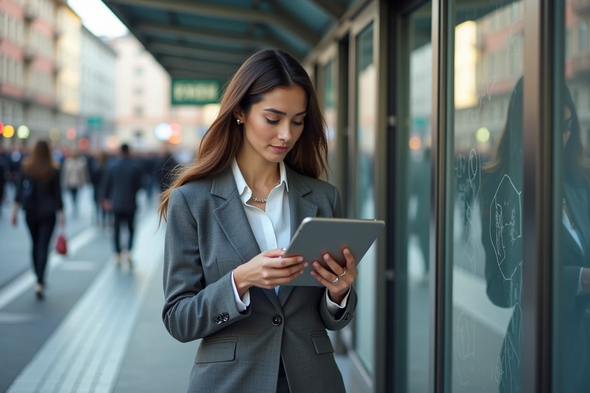 Jeune femme professionnelle vérifiant sa tablette dans la ville