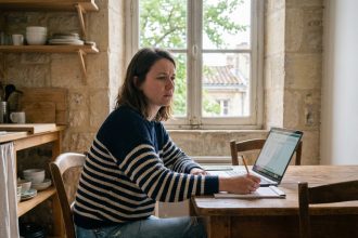 Femme pensive dans une cuisine bordelaise chaleureuse