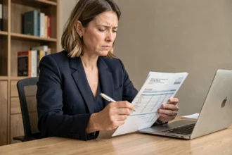 Femme examinant un relevé bancaire pour identifier un prélèvement non autorisé de l'imprimerie Natio Flers en escre