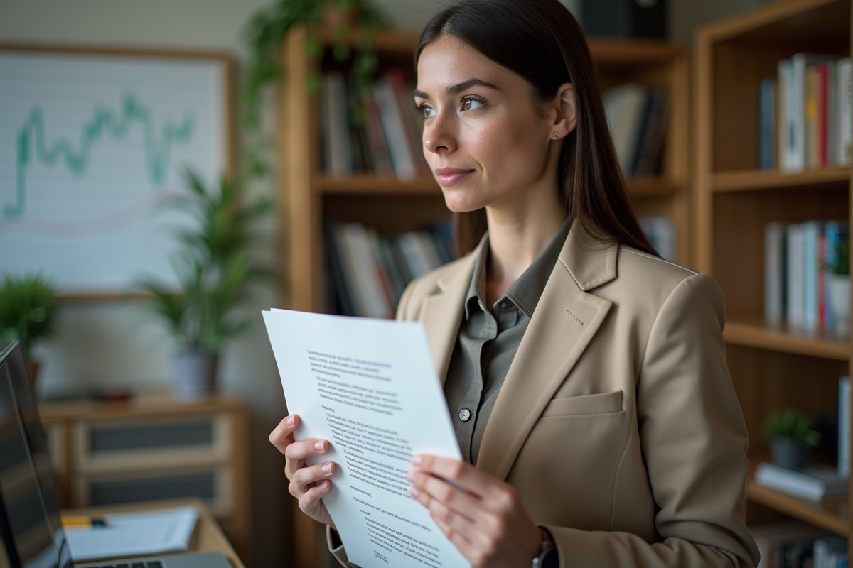 Femme en bureau à domicile avec lettre de démission