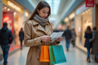 Jeune femme en trench et écharpe dans un centre commercial