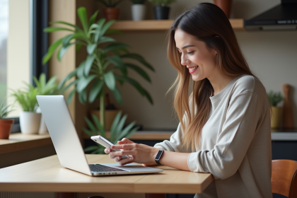 Jeune femme souriante analysant des publicités digitales à la maison