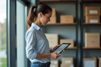 Femme d affaires regardant une tablette dans un bureau moderne