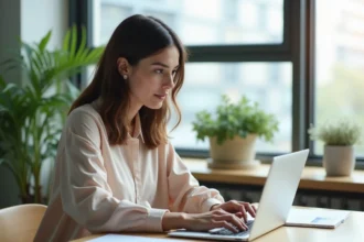 Femme en bureau travaillant sur un ordinateur portable
