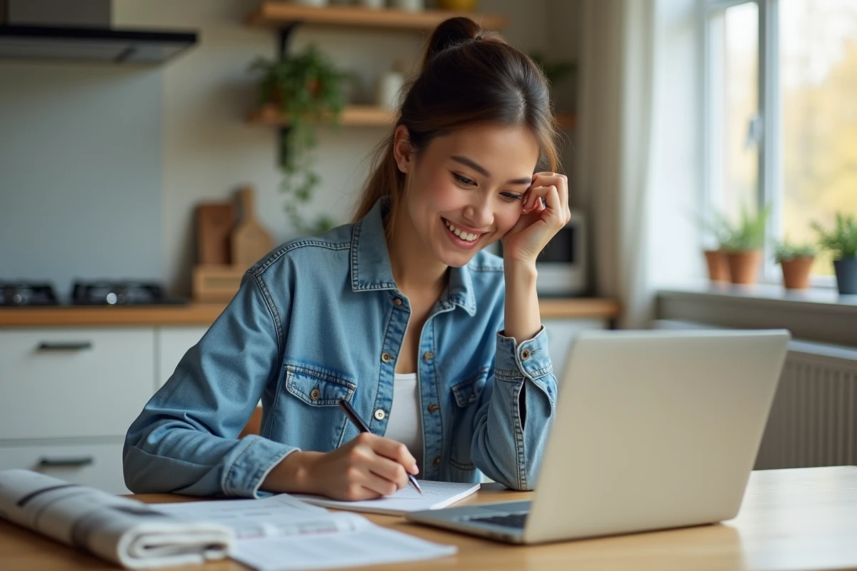 Jeune femme vérifiant ses dividendes sur un ordinateur portable à la maison
