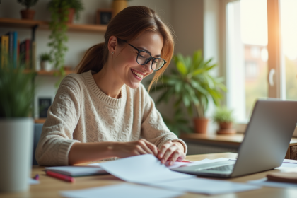 Femme souriante travaillant à domicile dans un bureau organisé