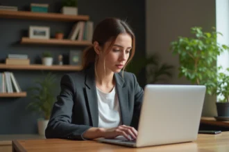 Femme concentrée travaillant sur son ordinateur à la maison