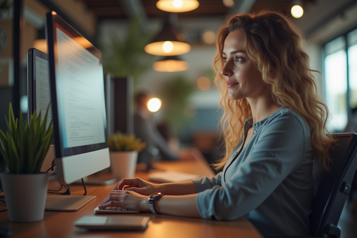 Femme confiante travaillant sur son ordinateur dans un espace de coworking