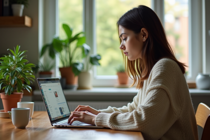 Jeune femme concentrée travaillant sur son ordinateur dans la cuisine