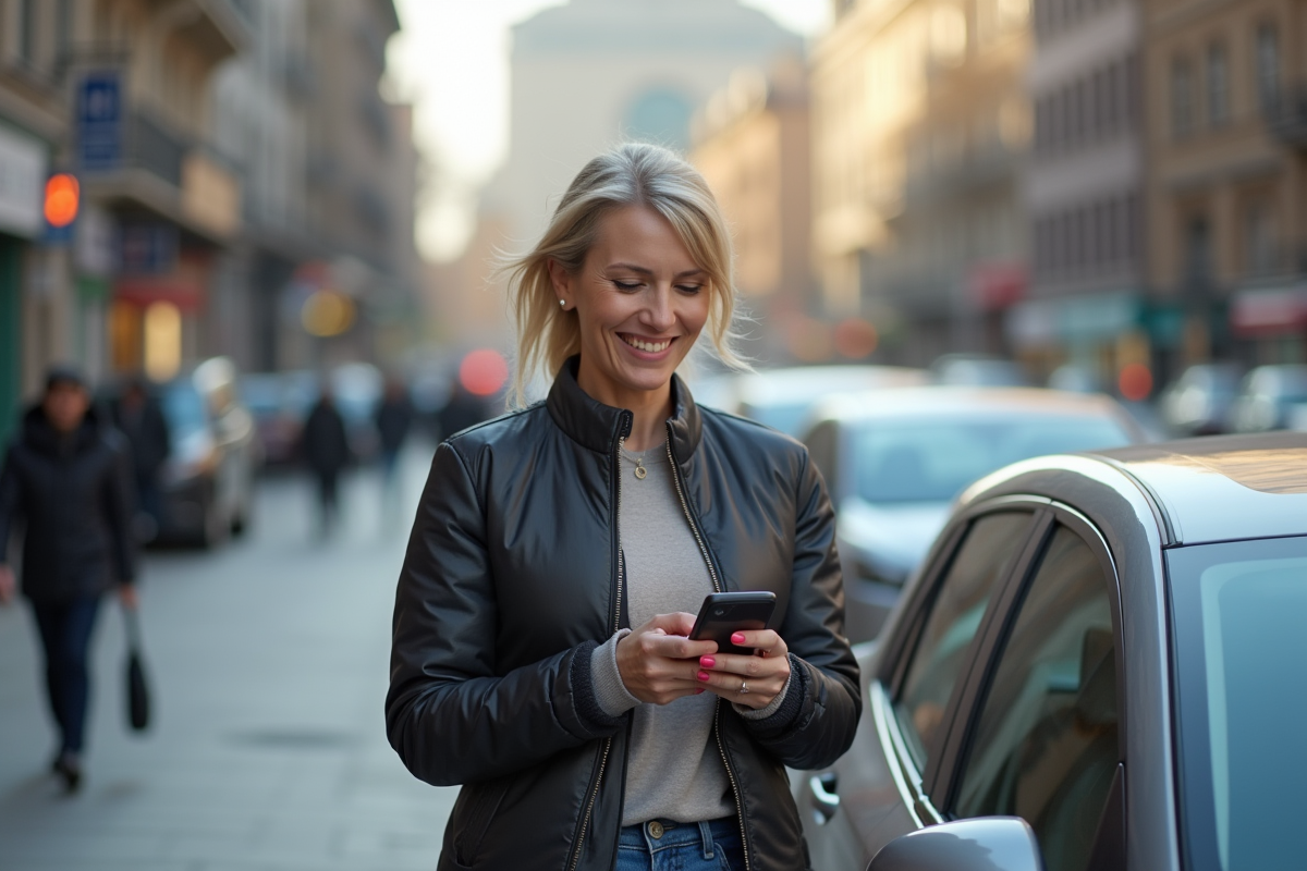 Femme souriante vérifiant son smartphone à côté de sa voiture