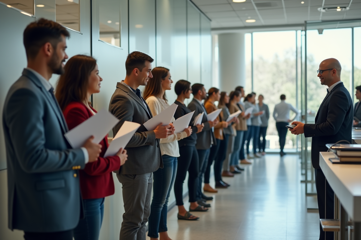 Groupe de personnes en file dans un bureau administratif moderne