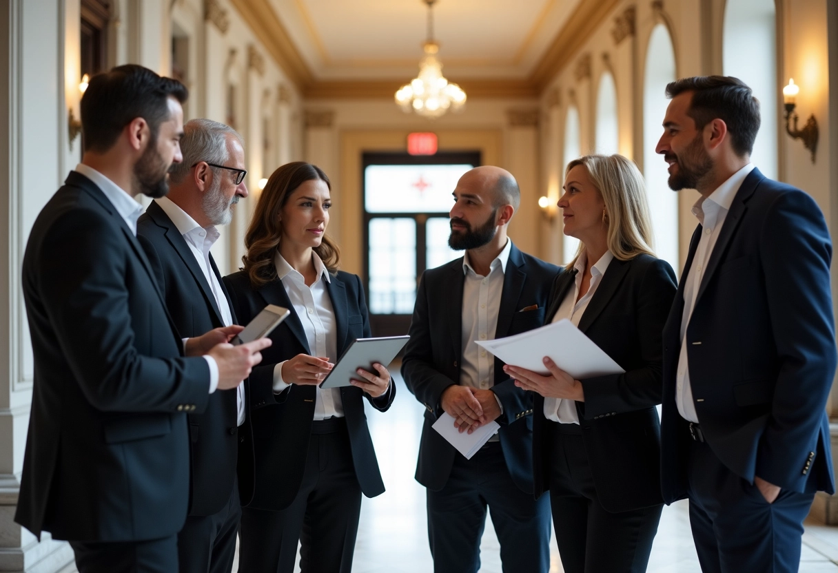 Groupe de fonctionnaires discutant dans un hall administratif