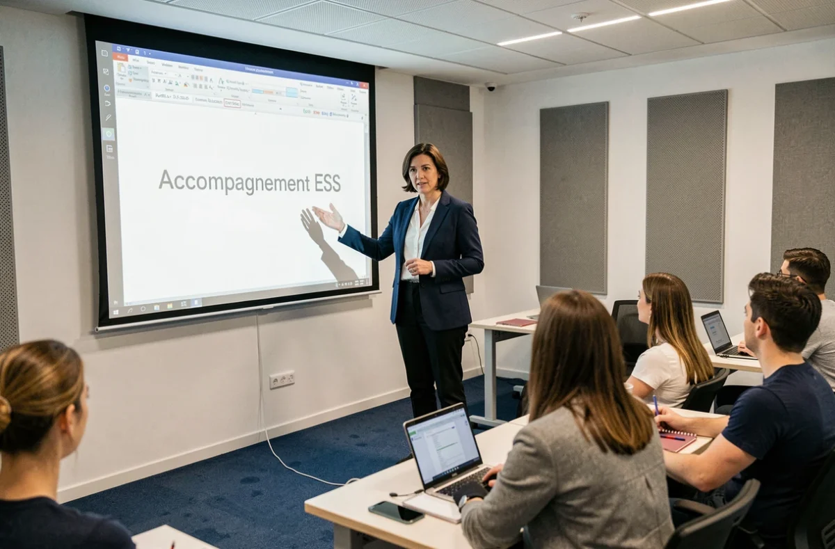 Formatrice présentant un programme d'accompagnement ESS devant un groupe de participants lors d'une session de formation professionnelle organisée par Cress Midi Pyrénées
