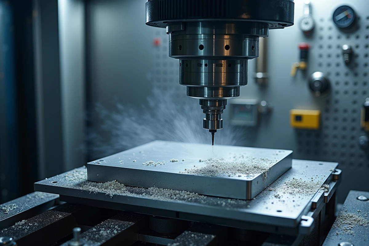 Fraiseuse CNC MC en opération avec pièce aluminium et projection de liquide de refroidissement en atelier