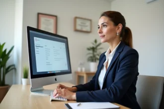 Secrétaire médicale gérant les rendez-vous en ligne sur un logiciel de prise de rendez-vous pour cabinet professionnel