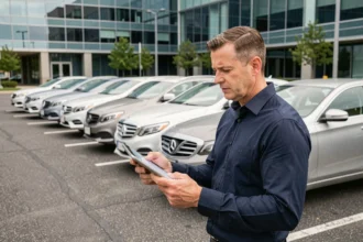 Gestionnaire de flotte automobile consultant une tablette devant une rangée de véhicules société dans un parking d'entreprise