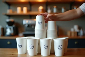 Stack de gobelets personnalisés avec logo imprimé posés sur le comptoir d'un café