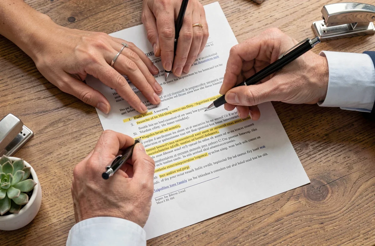 Gros plan sur deux paires de mains annotant les clauses d'un contrat de portage salarial posé sur un bureau en bois