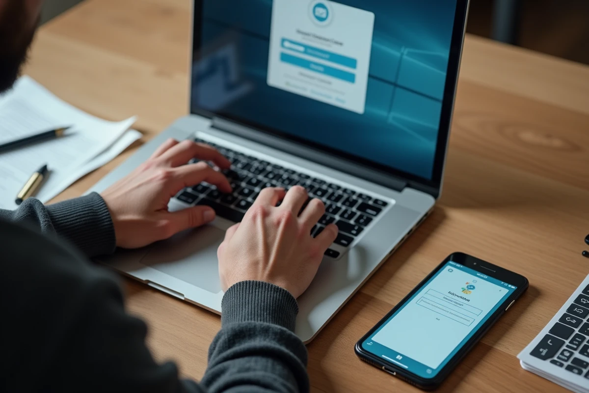 Gros plan sur des mains tapant un identifiant de connexion sur le portail sécurisé Urssaf avec un code d'authentification affiché sur smartphone