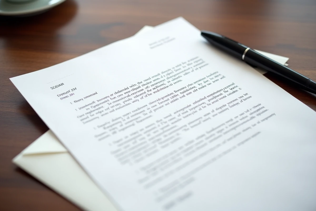 Gros plan d'une lettre de démission imprimée sur un bureau en bois avec un stylo posé dessus