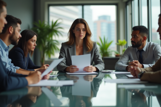 Groupe divers d'employes de bureau en reunion