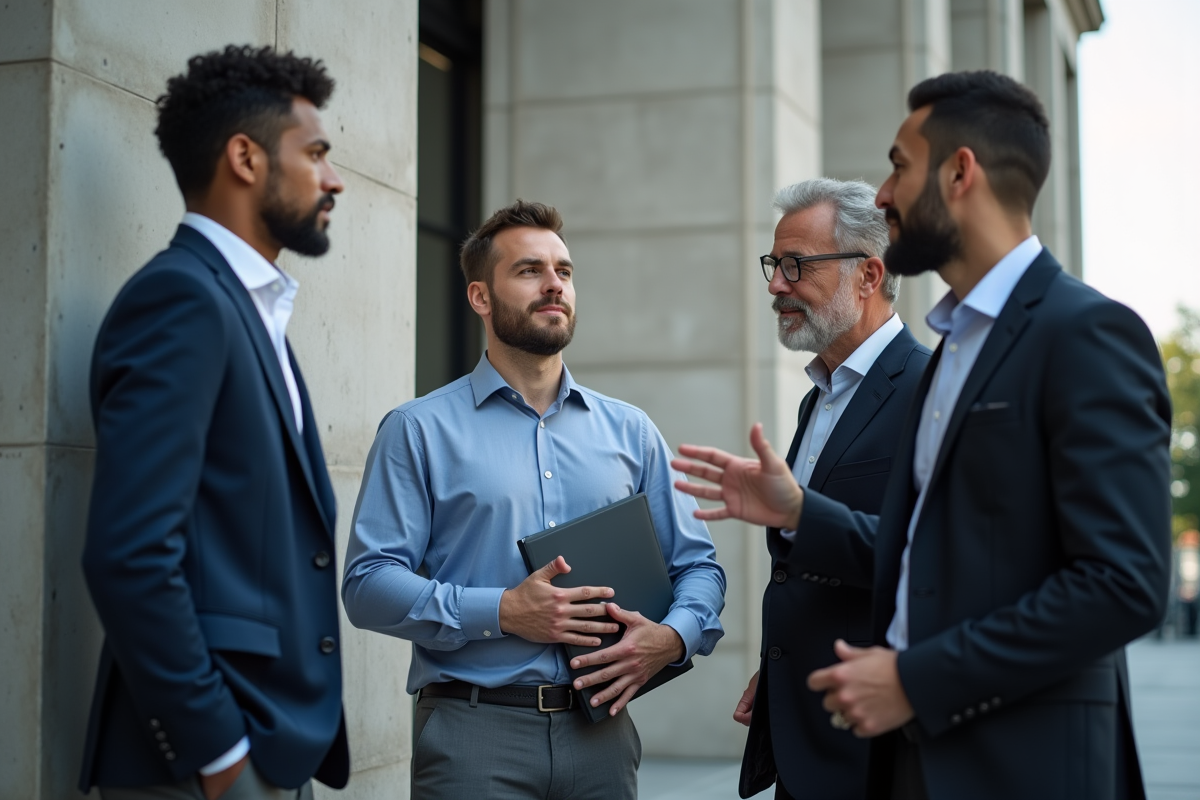 Groupe de collègues discutant devant un bâtiment moderne
