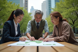 Groupe diversifié autour d'une table en ville pour réfléchir