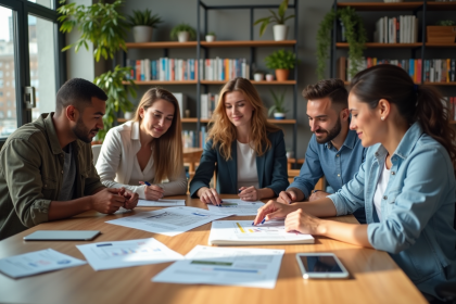 Groupe de jeunes adultes en réunion marketing