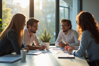 Groupe de jeunes professionnels brainstorming dans un bureau lumineux