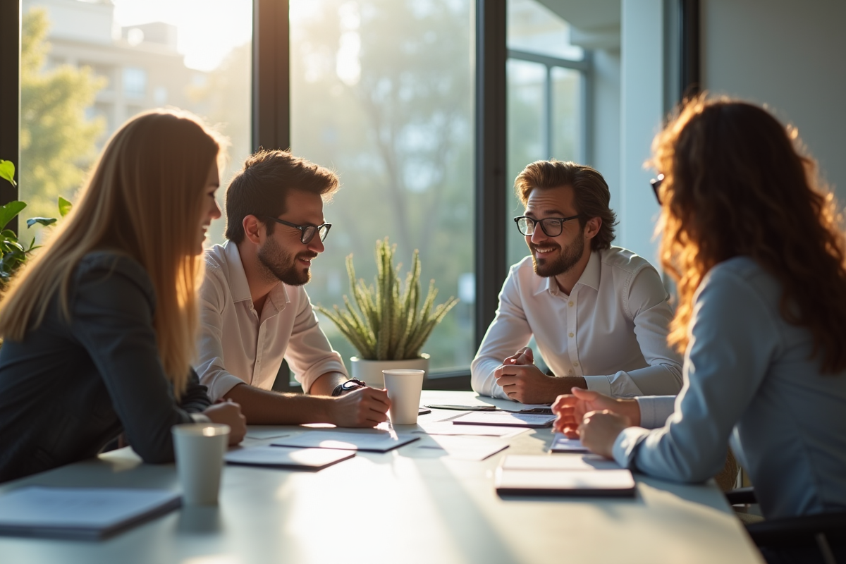 Groupe de jeunes professionnels brainstorming dans un bureau lumineux