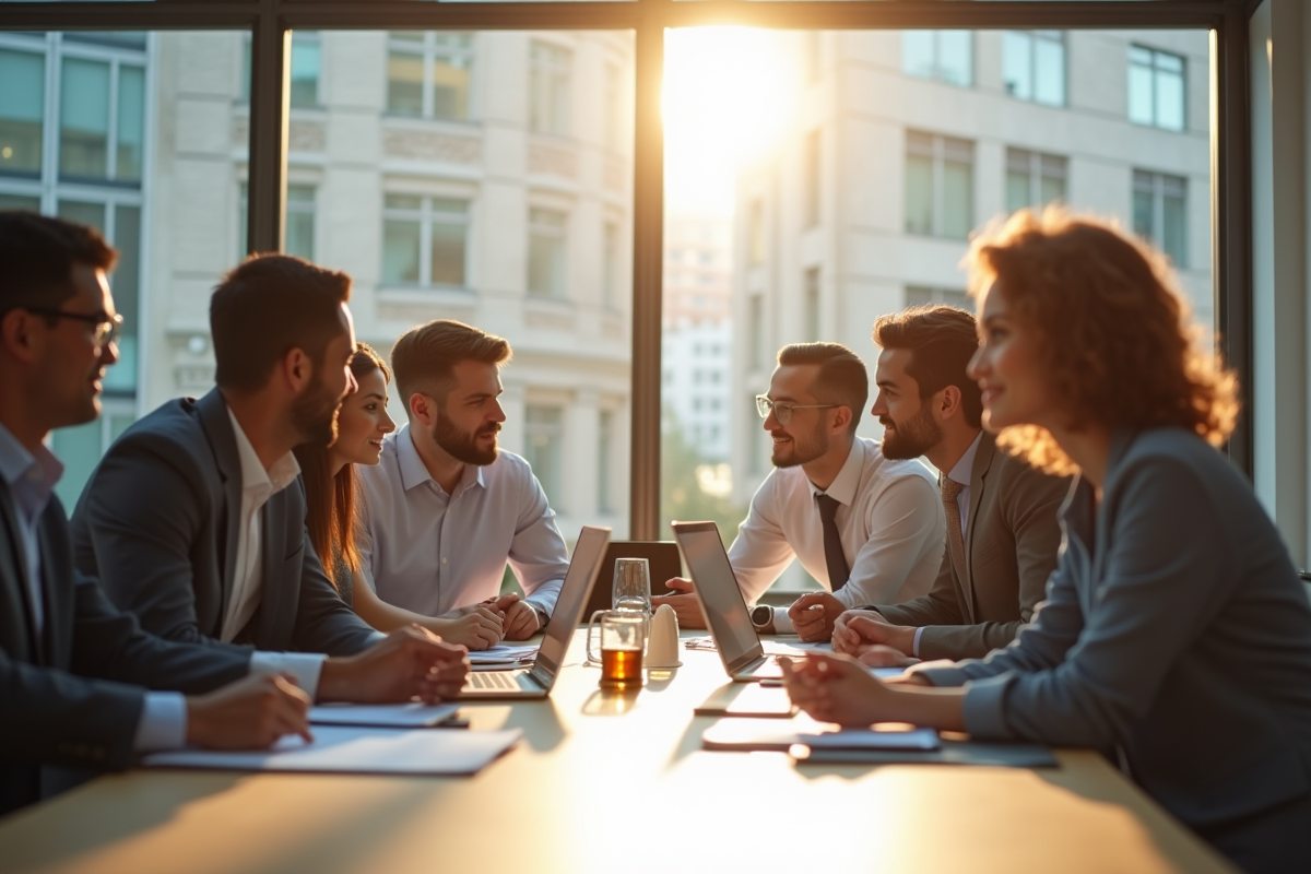 Groupe de professionnels en réunion dans un bureau lumineux