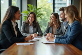 Groupe de professionnels en réunion dans un bureau moderne