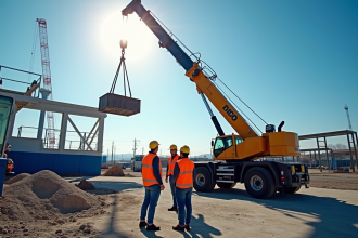 Grue de 19 tonnes en action sur un chantier industriel avec ouvriers