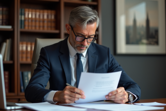 Homme d'affaires en costume lisant des documents dans un bureau