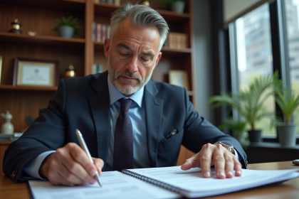 Homme d'affaires en costume examine des papiers dans son bureau