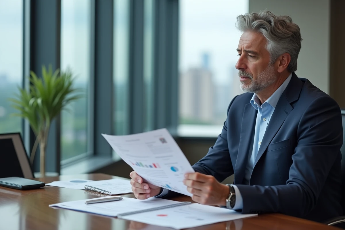 Homme d'affaires en costume bleu examine des rapports de dividendes