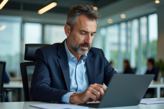 Homme d'affaires utilisant une tablette dans un bureau moderne