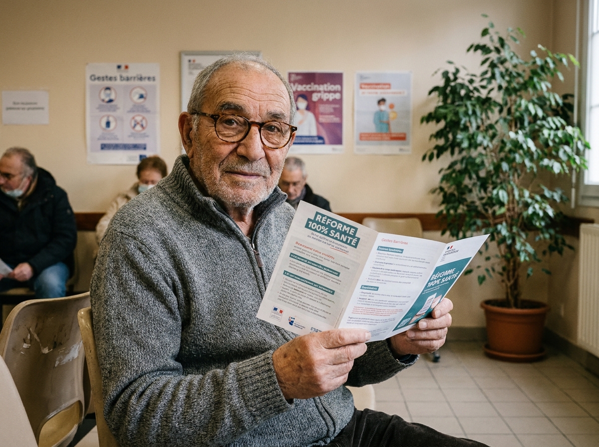 Homme âgé portant ses nouvelles lunettes remboursées dans une salle d'attente médicale en France