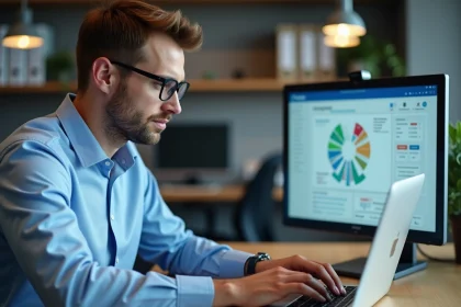 Homme d'affaires regardant un tableau de bord sur son ordinateur