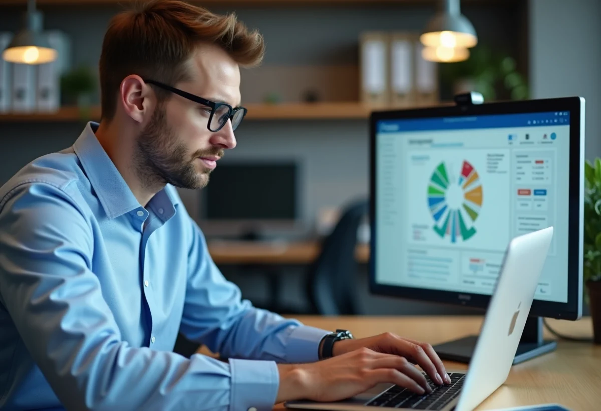 Homme d'affaires regardant un tableau de bord sur son ordinateur