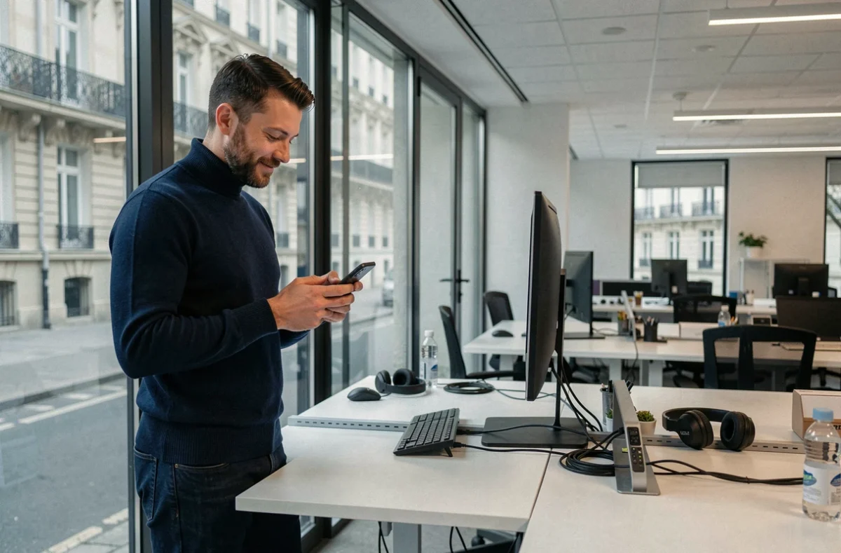Homme debout à un bureau en hauteur dans un coworking parisien avec vue sur la rue depuis la fenêtre