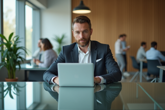 Homme d affaires au bureau avec ordinateur portable