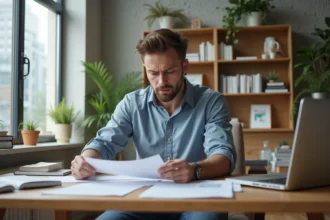Homme en tenue casual dans un bureau moderne en pleine lecture
