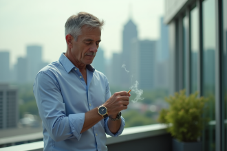Homme d'âge moyen sur une terrasse urbaine en pause travail